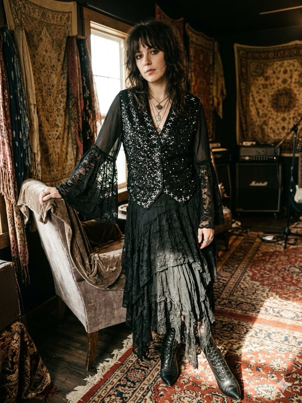 Black Gothic Lace Vest and Skirt Set - Women Jackets & Coats Vests